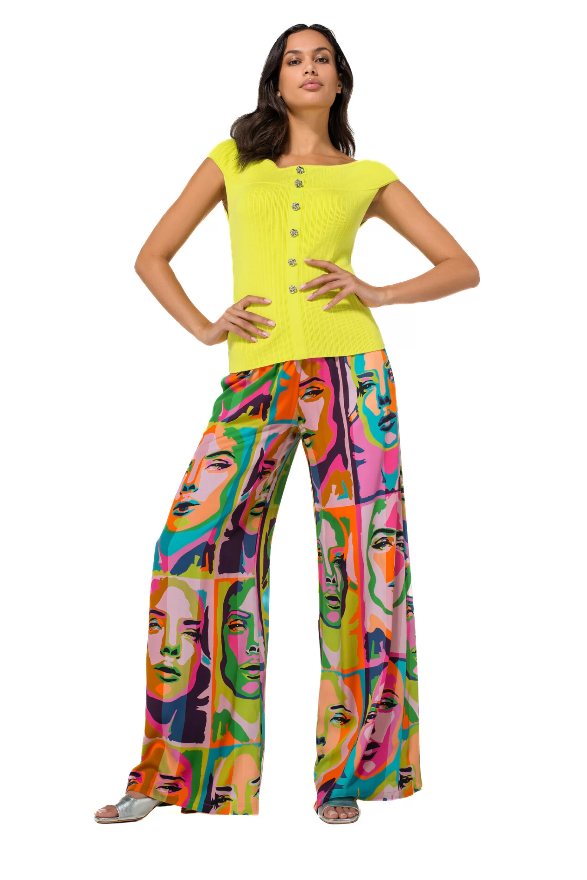 Caroline Biss 1542-79 / Pantalon Palazzo Fluide, Taille Normale, Imprime Pop-Art*Femmes Pantalon